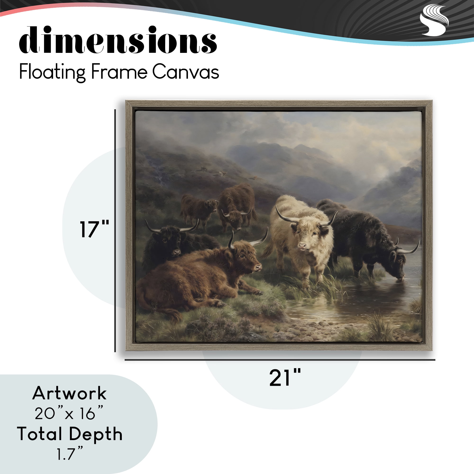 Stupell Industries Highland Cows Beside Misty Loch Brown Framed Floater Canvas Wall Art, design by Arlington Prints
