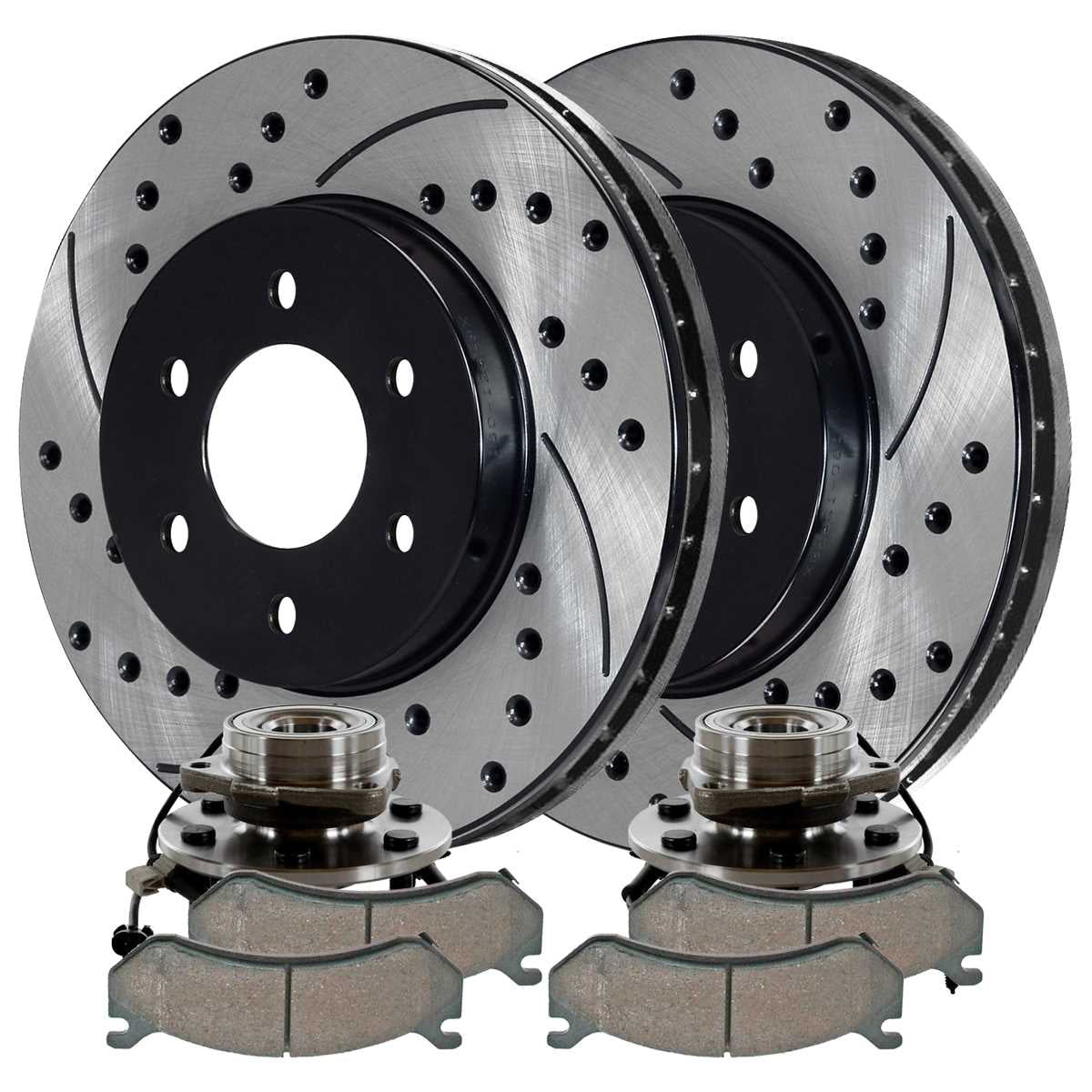 AutoShack RHBBK0152 Front Wheel Hub Bearing Assembly Pair Drilled and Slotted Brake Rotors and Performance Ceramic Pads