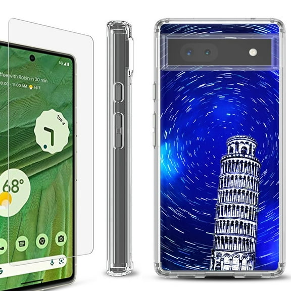 Shockproof Bumper Phone Case for Google Pixel 6a, with Tempered Glass Screen Protector, by OneToughShield ® - Tower of Pisa