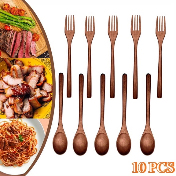 10PCS Wooden Spoon and Fork for Eating Utensil Set Lunch Wood Cutlery Japanese Silverware Sets Wooden Flatware Reusable Bamboo Eat Utensils Korean Small Wood Forks Spoons