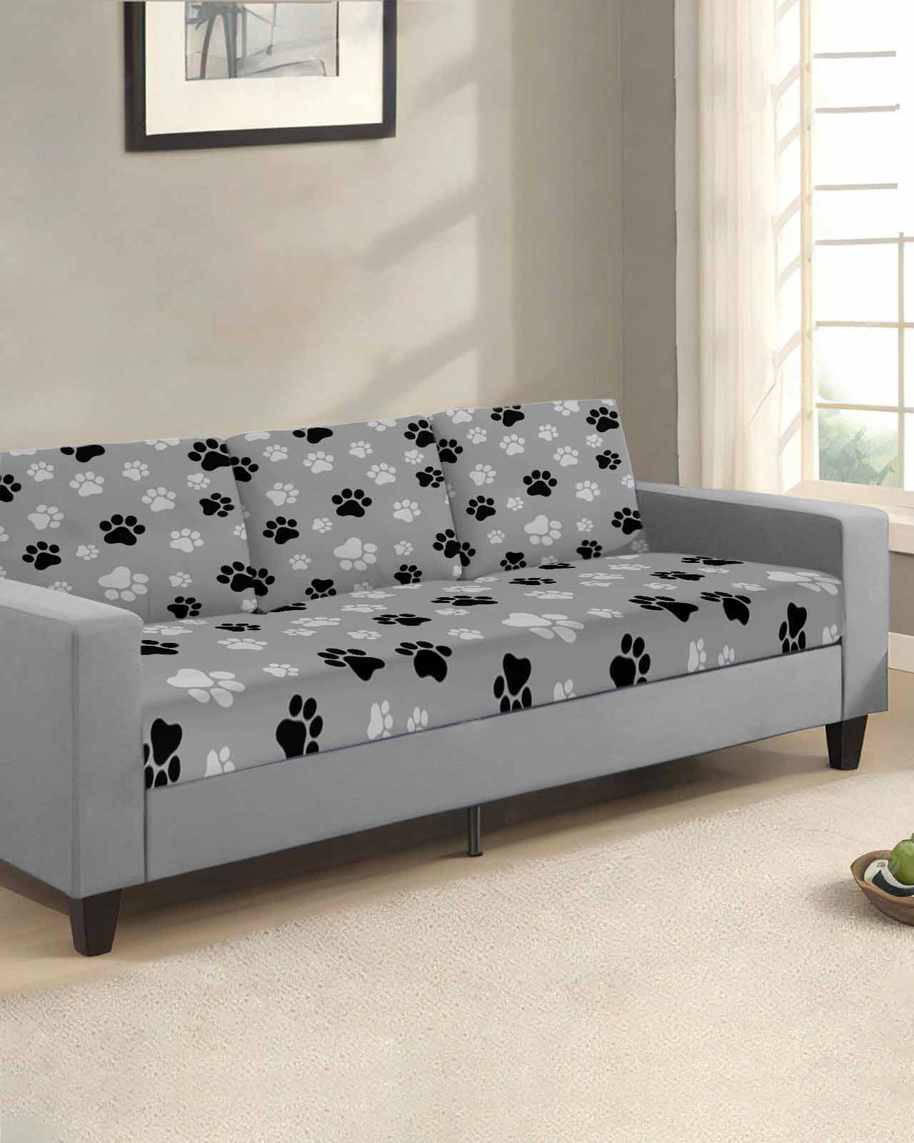 Pet Paw Printed Couch Cushion Covers Stretch, Washable Sofa Seat Covers Individual Seat Cushion Sofa Slipcovers Modern Black Grey Watercolor Dog Claws Couch Cover Furniture Protector S-1PCS