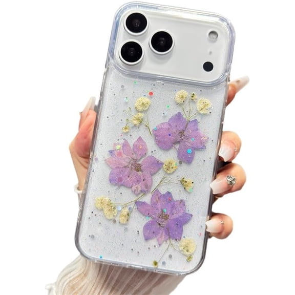 Dry Pressed Flower Floral Clear Phone Case for iPhone (White,iPhone 14 Pro Max)