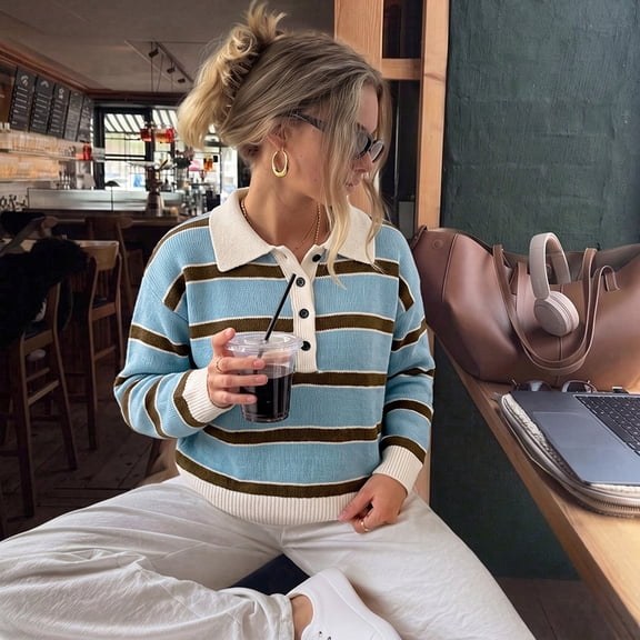 2026 European and American Autumn/Winter New Women's Retro Blue Brown Stripe Polo Collar Half Button Ribbed Cuff Hem Knit Sweater