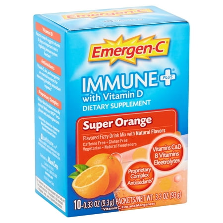 Emergen-c (10 count, super orange flavor) immune+ system support with vitamin d, dietary supplement fizzy drink mix with 1000mg vitamin c, 0.32 ounce packets, caffeine