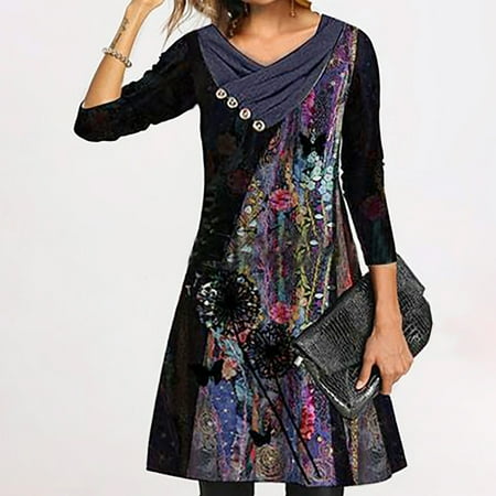 

Aueoeo Holiday Party Outfits for Women Elegant Dresses for Women Wedding Guest Fashion Women Printing Causal Round Neck Long Sleeve Autumn Vacation Dress
