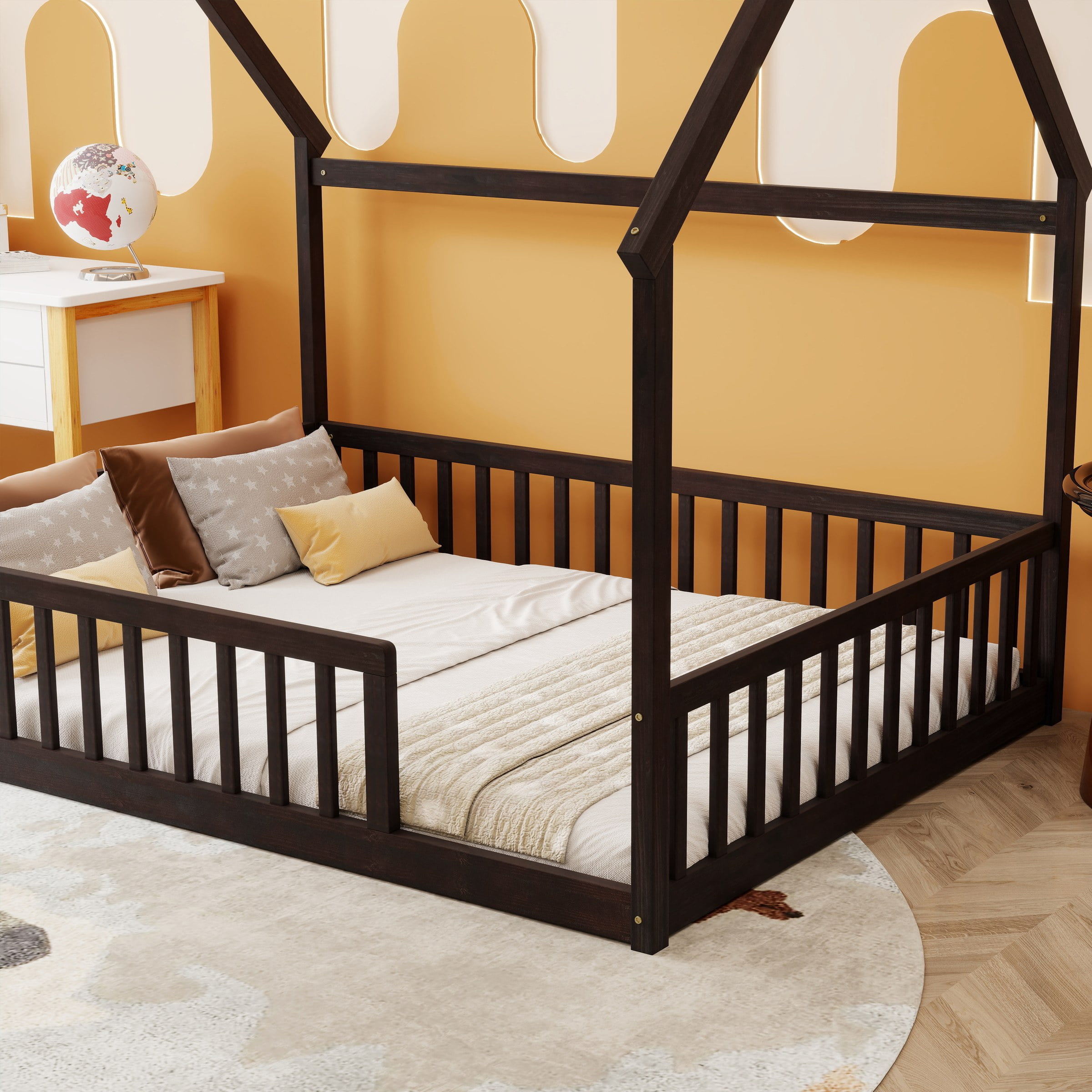 Full Size House Floor Bed with Roof Frame, Pine Wood Floor Bed with Safety Guardrails, Espresso
