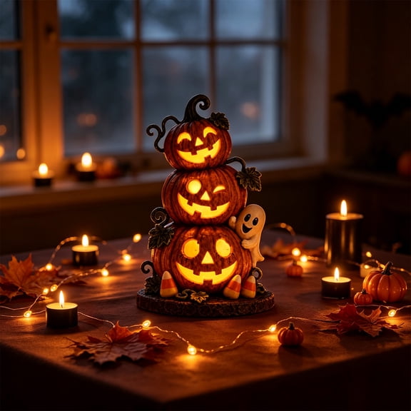 Acrylic Pumpkin Ghost 2D Ornament, Multicolor Halloween Tabletop Decor with Stacked Jack-O'-Lanterns, Cute Ghost and Candy Corn for Home, Desk, Shelf or Mantel