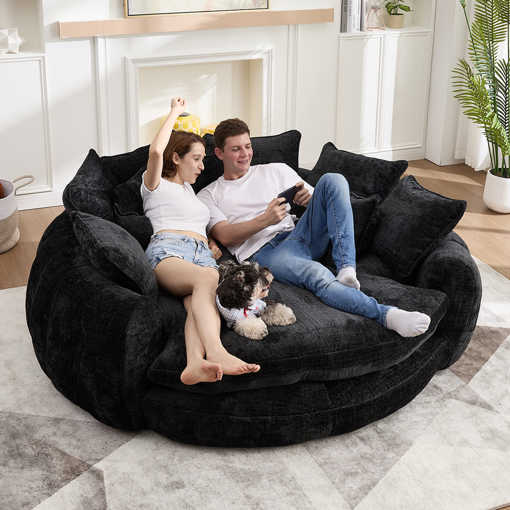 Aukfa 81" Oversized Round Chaise Lounge Sofa Bed, Modern Chenille Cloud Couch with Deep Seat, 14 Pillows, Assemble-Free, Black