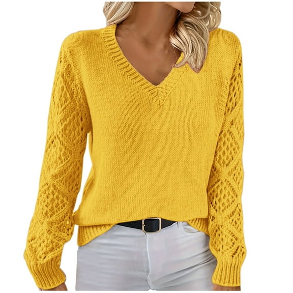 Olyvenn Fall Winter Sweaters for Women Trendy Knitted V Neck Long Sleeve Pullover Casual Solid Color Hollow Out Jumper Tops Gold M