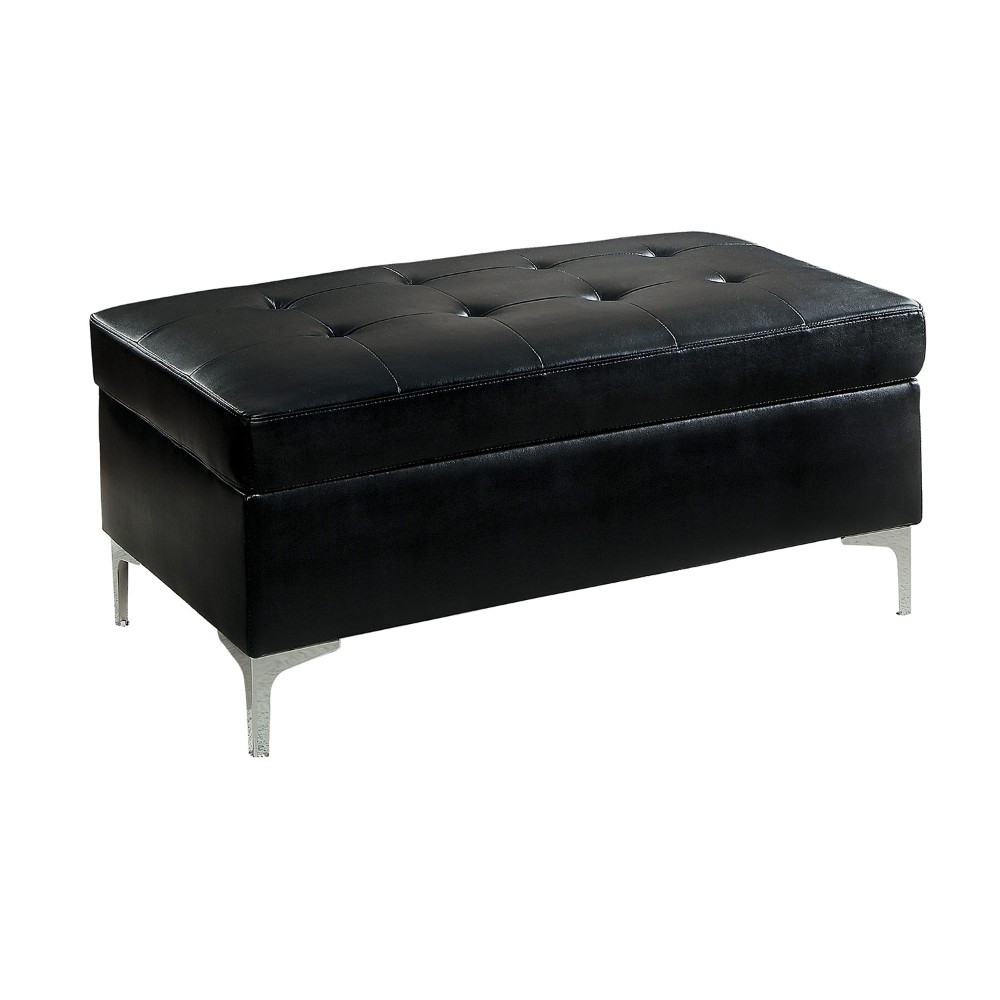 Benzara Rectangular Tufted Leather Ottoman With Metal Legs, Black