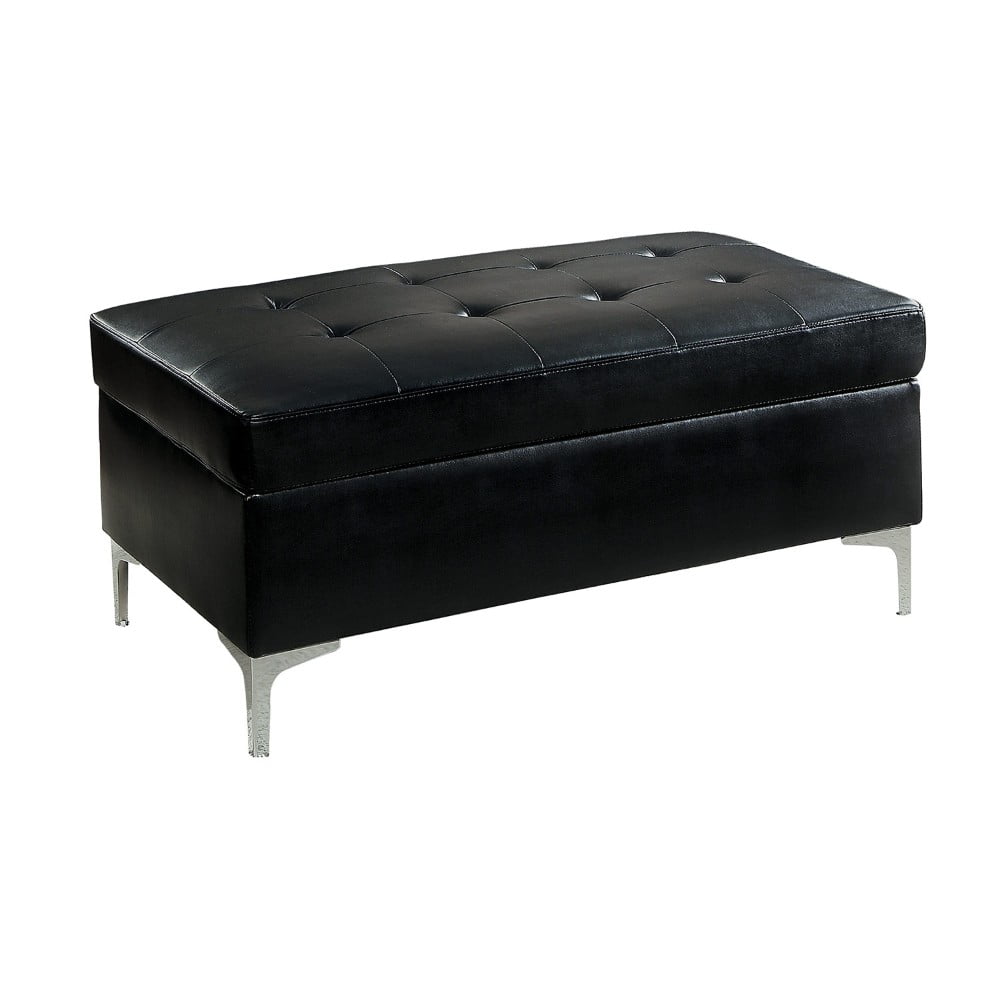 Benzara Rectangular Tufted Leather Ottoman With Metal Legs, Black