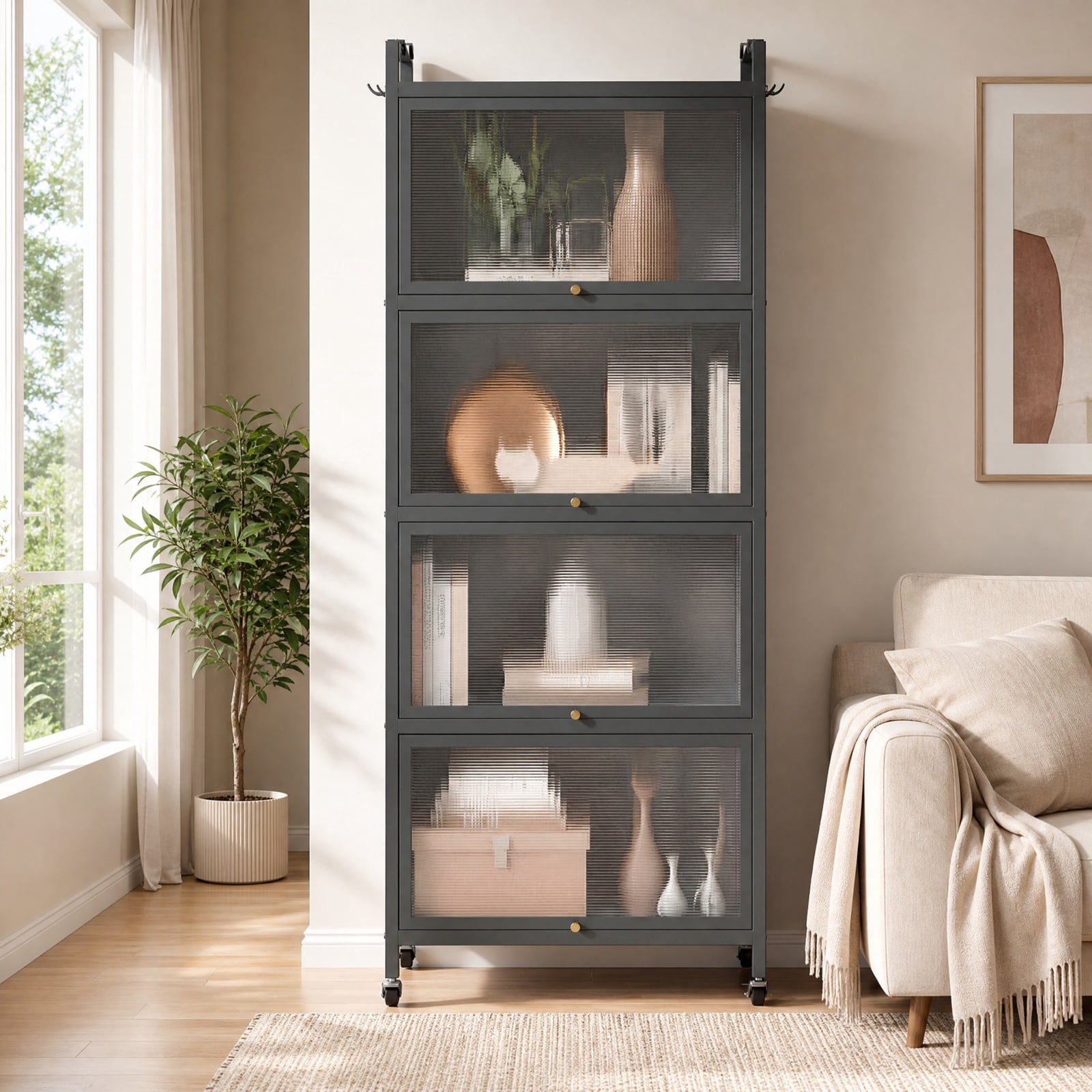 RUIE 5-Tier Rolling Kitchen Storage Cabinet with Flip-up PC Doors, Metal Baker's Rack Pantry Shelf with Universal Wheels, 165 lbs Capacity, Gray