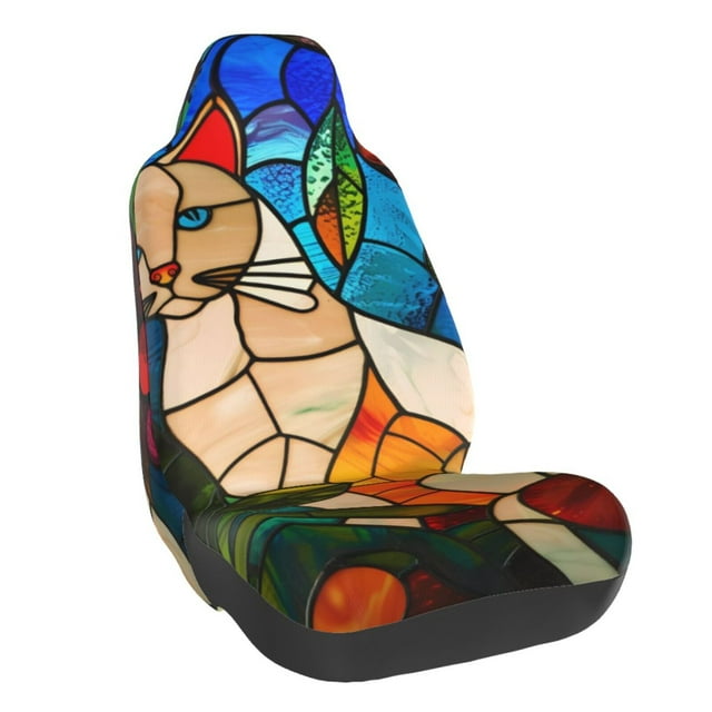 Wukai Stained Glass Cat Art Full Set Car Seat Covers with Soft Padding Universal Auto Front Seats Protector and Cushion Mat