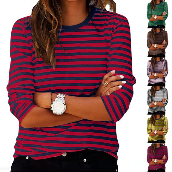 Aboser 3/4 Sleeve Womens Tops Trendy Striped Print Shirts Loose Fit Crewneck T Shirt Three Quarter Length Sleeved Tshirts Comfy Casual Basic Tees Going Out Top