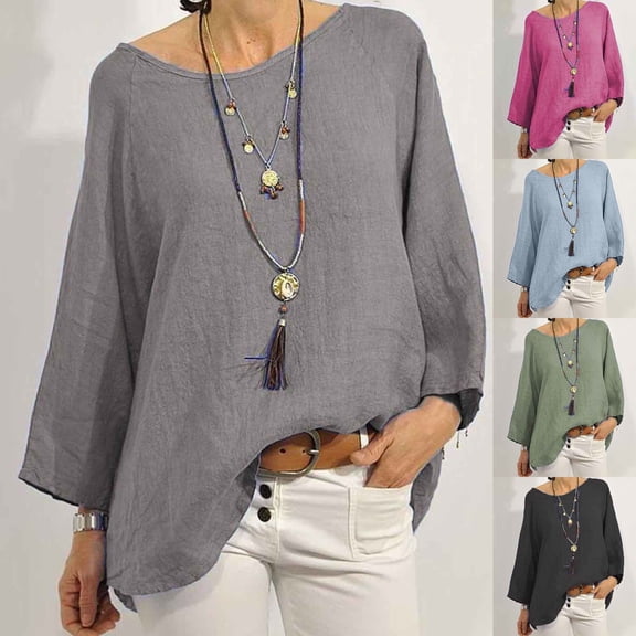 Daiosportswear Women's Cotton Long Sleeved Solid Linen Shirt Casual Loose Round Neck Oversized Top Hot Pink XL(XL)