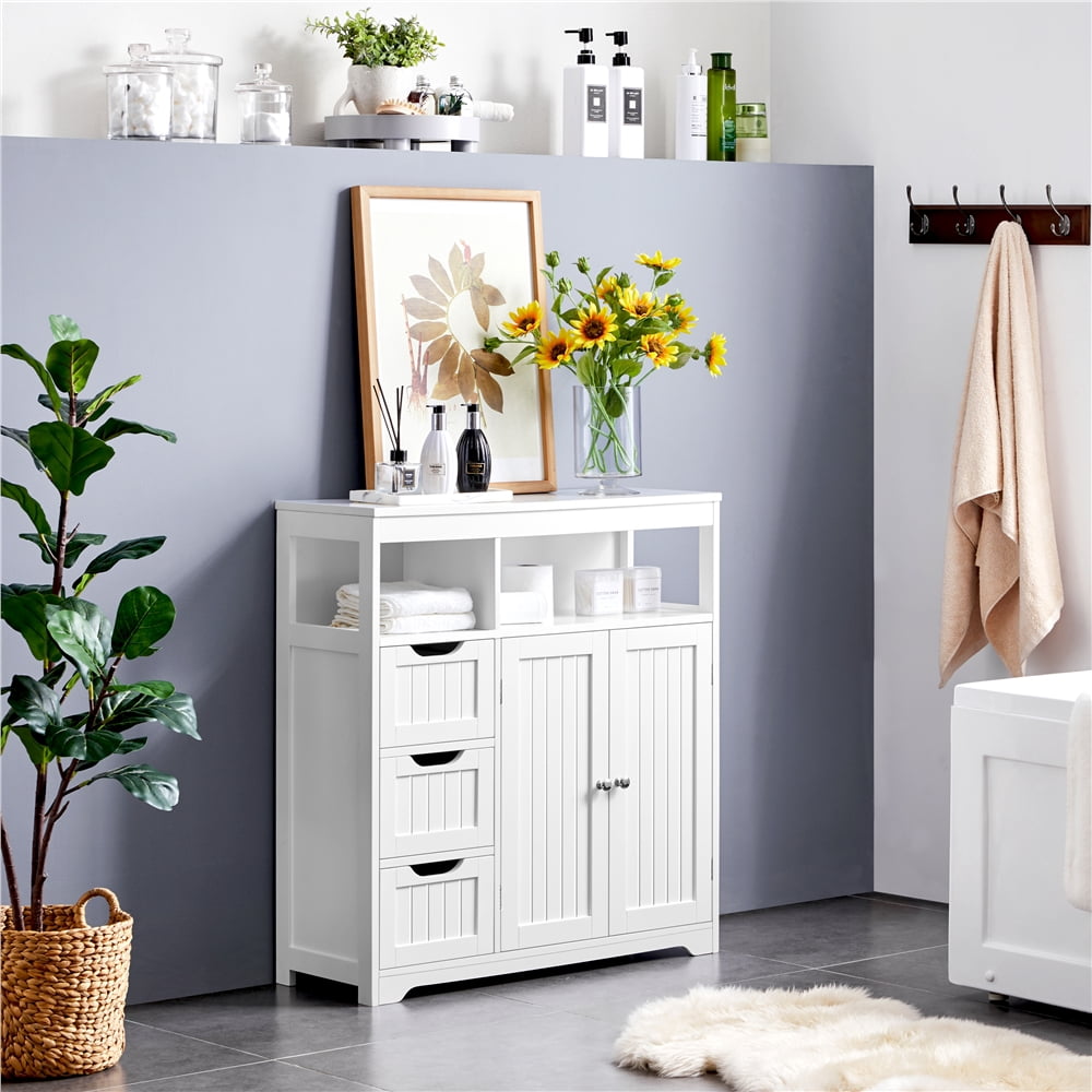 Yaheetech Wooden Bathroom Floor Cabinet with 3 Drawers & 2 Doors, White