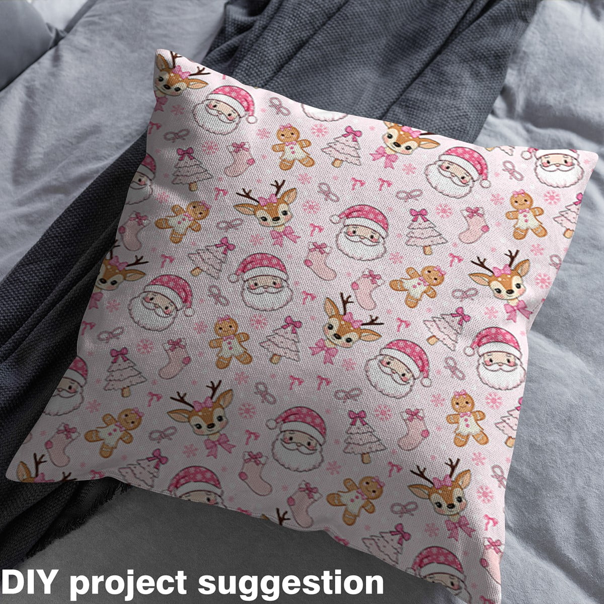 jejeloiu Kawaii Santa Claus Fabric by the Yard 2 Yards,Christmas Reindeer Room Decor Fabric by the Yard,Pink Xmas Tree Fabric for Sewing For Child,Breathable Home Decor