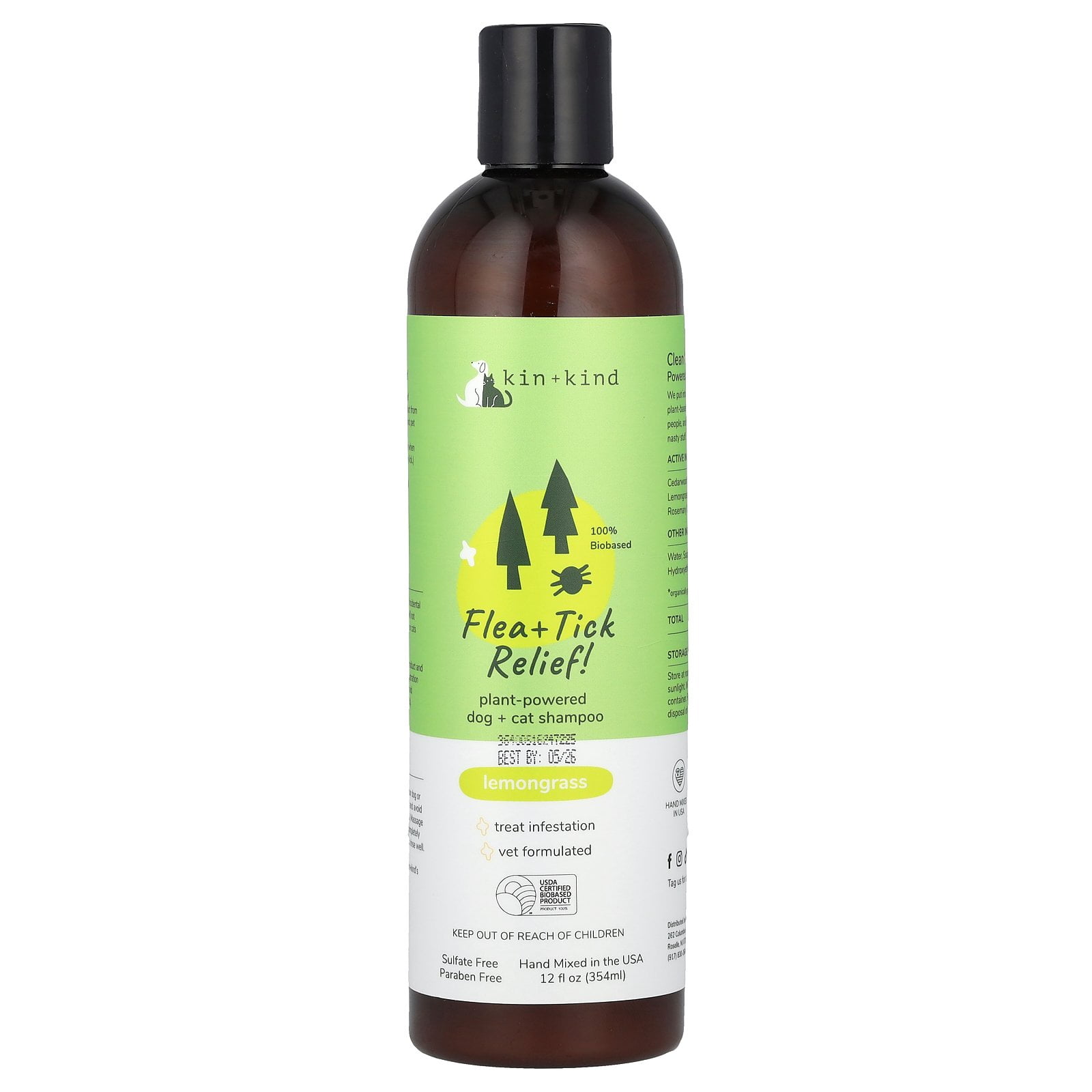 kin+kind Flea+Tick Relief! Plant Powered Dog & Cat Shampoo, Lemongrass, 12 fl oz.