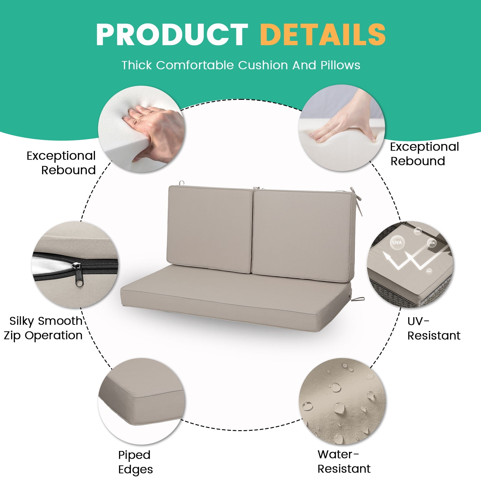 DTTRA Outdoor Loveseat Cushion Set, 48 x 24 Inch, Water Repellent, 3-Year Fade Resistant, Patio Furniture Cushions with Removable Cover, Ties and Hidden Zipper for Sofa Bench Couch Pads Set