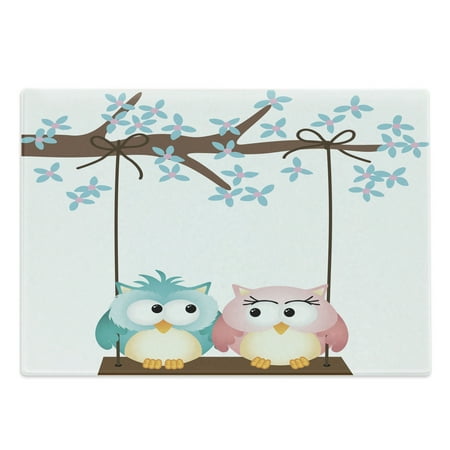 

Cartoon Cutting Board 2 Owls in Love on a Swing Blossoming Tree Branch Spring Romance Decorative Tempered Glass Cutting and Serving Board Large Size Pale Pink Pale Blue by Ambesonne