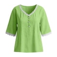 thumbnail image 6 of Otntypg Womens Linen Tops Elbow Length Sleeve Lace Trim Button V Neck T-shirt Dressy Casual Work Blouses Summer Outfits Beach Vacation Tunic Tees Shirt Green XXL, 6 of 7
