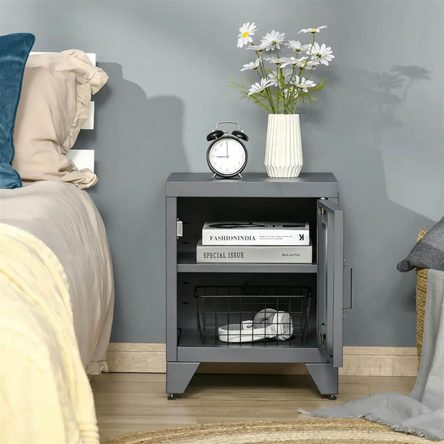 Demi Bonn 19" Industrial Metal End Table, Rustic Living Room Side Table with Lockable Door and Adjustable Shelf for Home Decor, Gray