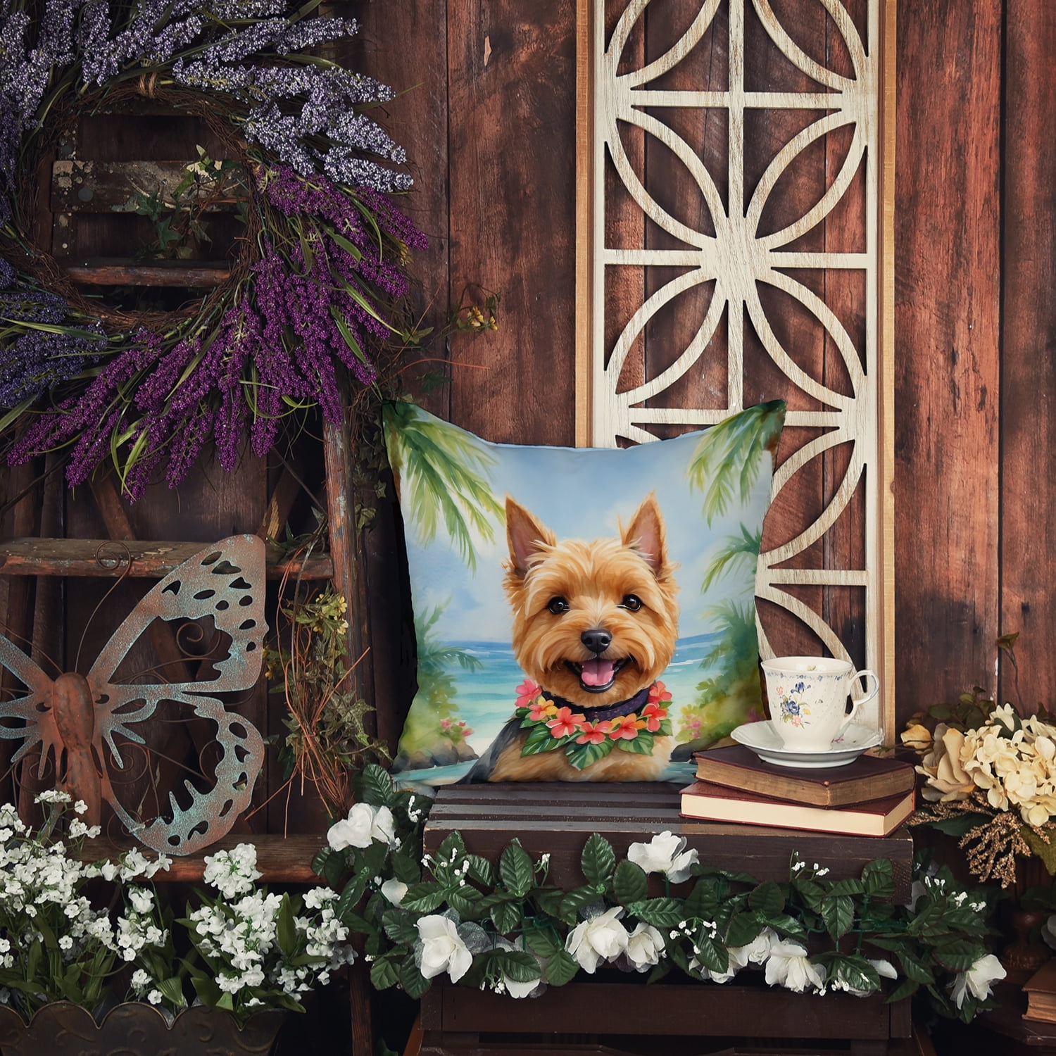 Norwich Terrier Luau Throw Pillow 14 in x 14 in