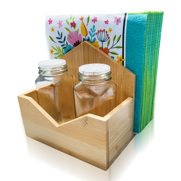 Upright wooden Napkin Holder, comes with 2 Botels of Salt and Pepper Shaker, Bamboo