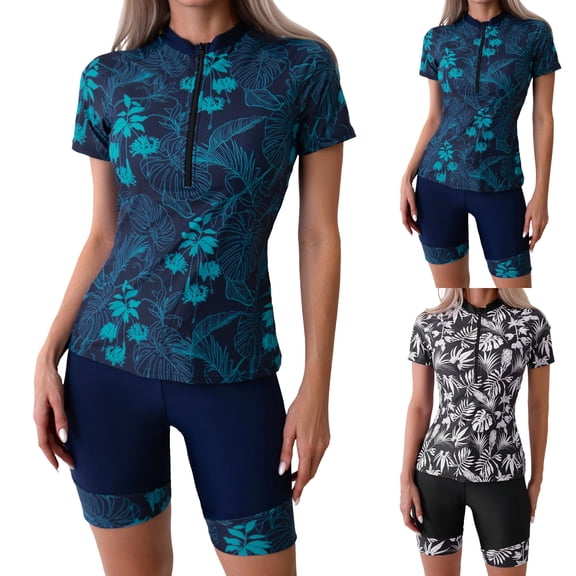 felwors Women's 2 Piece Rash Guard Swimsuit Short Sleeve Half-Zip Tropical Print with Knee-Length Swim Shorts Modest Swimwear for Water Sports (Navy, XL)
