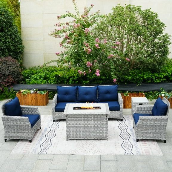5-Piece Patio Wicker Sofa Set with Firepit Table and Rain cover