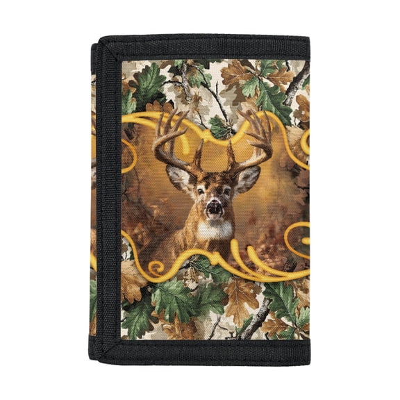 Chririnla Children's Wallet Whitetail Deer with Forest Camo & Gold Scrollwork Pattern Wear-Resistant Trifold Card Wallet for Travel, Polyester Large Capacity Kids Trifold Wallet
