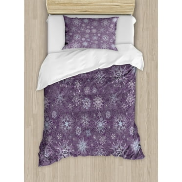 Eggplant Twin Size Duvet Cover Set, Christmas Inspired Cute Flowers Snowflakes and Swirls in a Violet Delicate Environment, Decorative 2 Piece Bedding Set with 1 Pillow Sham, Violet, by Ambesonne