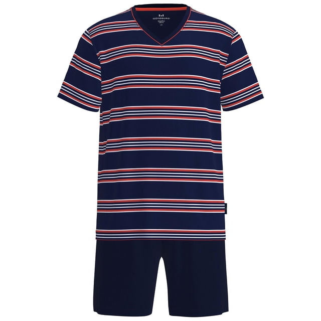 GÖTZBURG Pijama corto para hombre, cuello en V, rayas, algodón, pijama Azul/Rojo M (Medium)