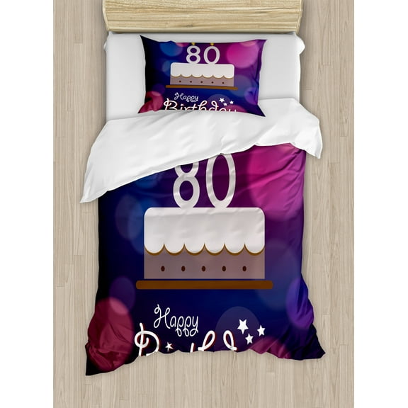 80th Birthday Duvet Cover Set, Abstract Style Backdrop Party Cake and Candles Celebration Print, Decorative 2 Piece Bedding Set with 1 Pillow Shams, Twin Size, Purple Pink and Lilac, by Ambesonne