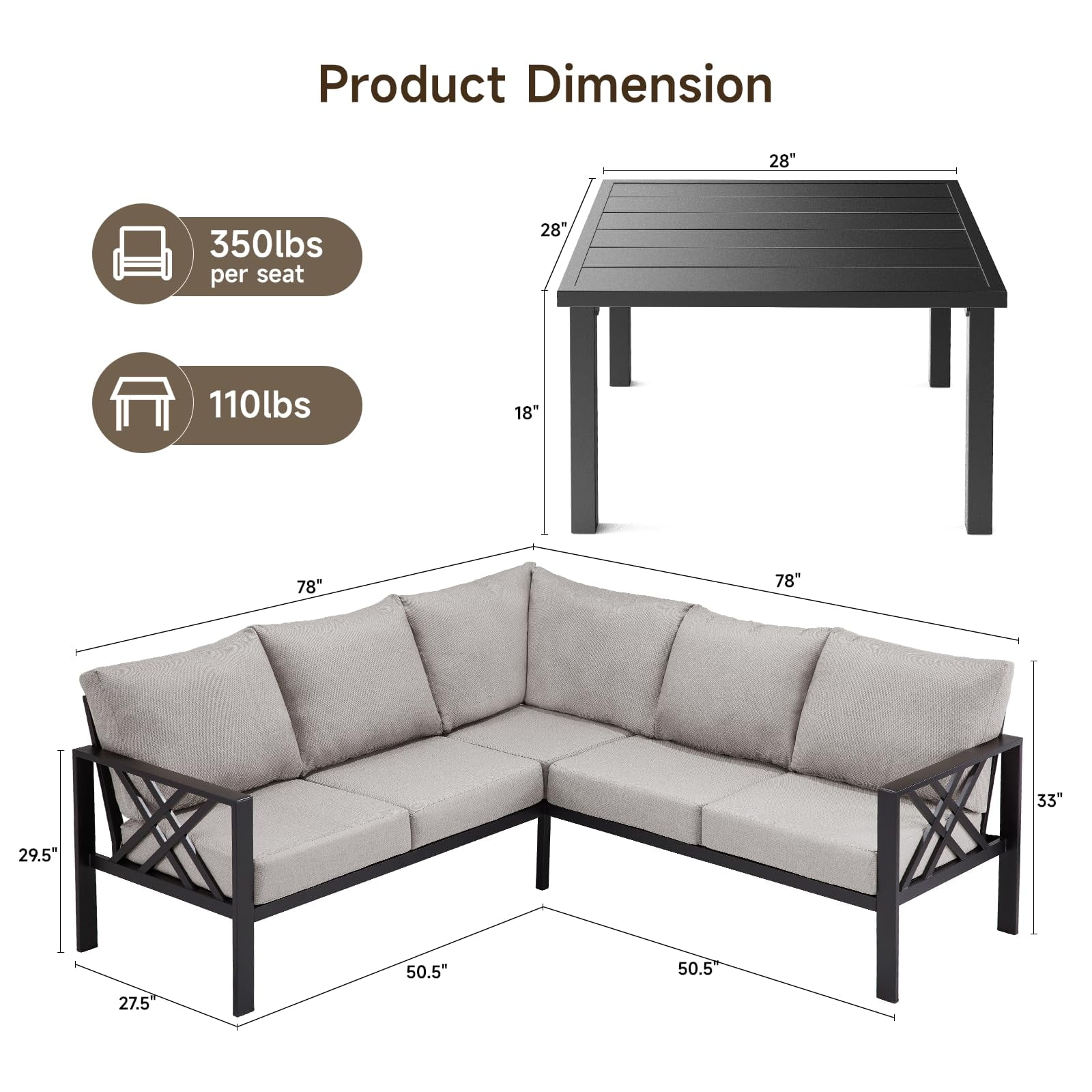 Onbrill Patio Furniture Set, 6 Pcs L-Shaped Metal Outdoor Sofa W/5.5" Cushion, Coffee Table, Grey