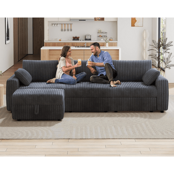 Extra Large Modular Sectional Sofa with Luxurious Corduroy Upholstery, Modern Oversized Convertible U & L Shaped Sectional Couch with Deep Seat Ottoman, Tool-Free Assembly (Dark Grey, 4 Seats, L)