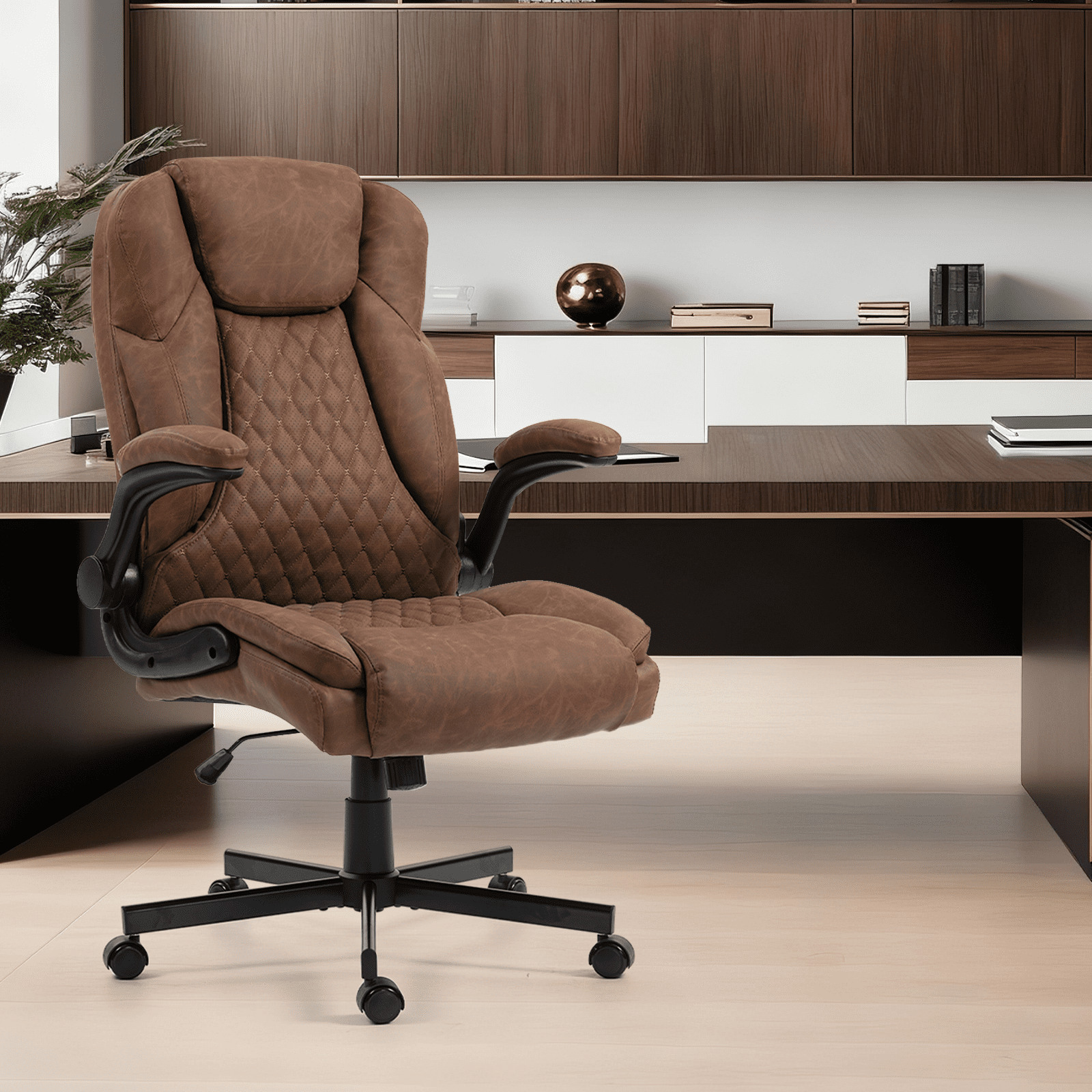 WENTUM High Back Executive Office Chair, Ergonomic Computer Desk Chair with Rocking Function, PU Leather, Flip-Up Armrests and Lumbar Support, Brown