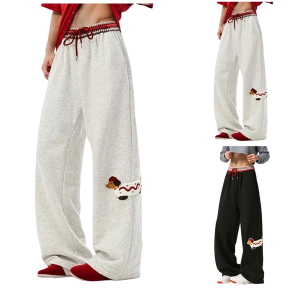 GEWSEY Womens Baggy Barrel Sweatpants Dachshund Puppy Embroidered Y2k Hiphop Lounge Pants Wide Leg Elastic Drawstring Athletic Pants (Black, XXL)