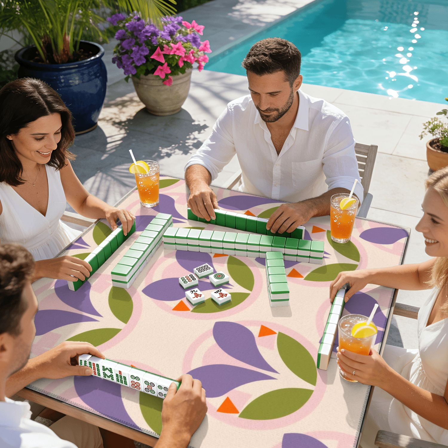 Mahjong Mat 31.5" x 31.5" Retro Floral Purple Petals Green Leaves Orange Accents Light Non-Slip Noise Reduction American Mahjong Tiles Table Cover for Dominoes Poker Card Board Games Gift