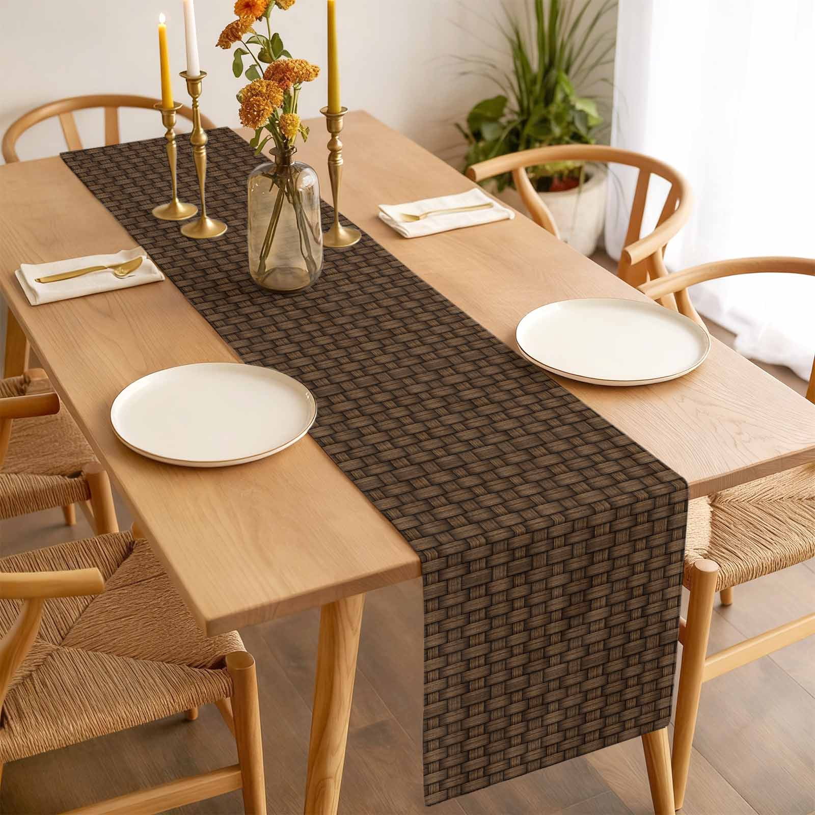 Dark Brown Rattan Table Runner - 120 Inch Long Vintage Abstract Wicker Texture Cotton and Linen Blended Dress Scarves Farmhouse Table Runner for Kitchen Dining, Coffee Table, 13" x 120"