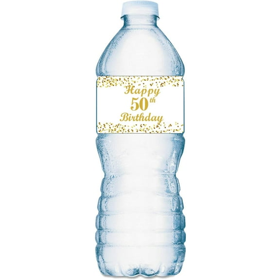 50th Birthday Water Bottle Labels; Set of 20 Waterproof Water Bottle Wrappers; Gold and White. Happy Birthday Labels