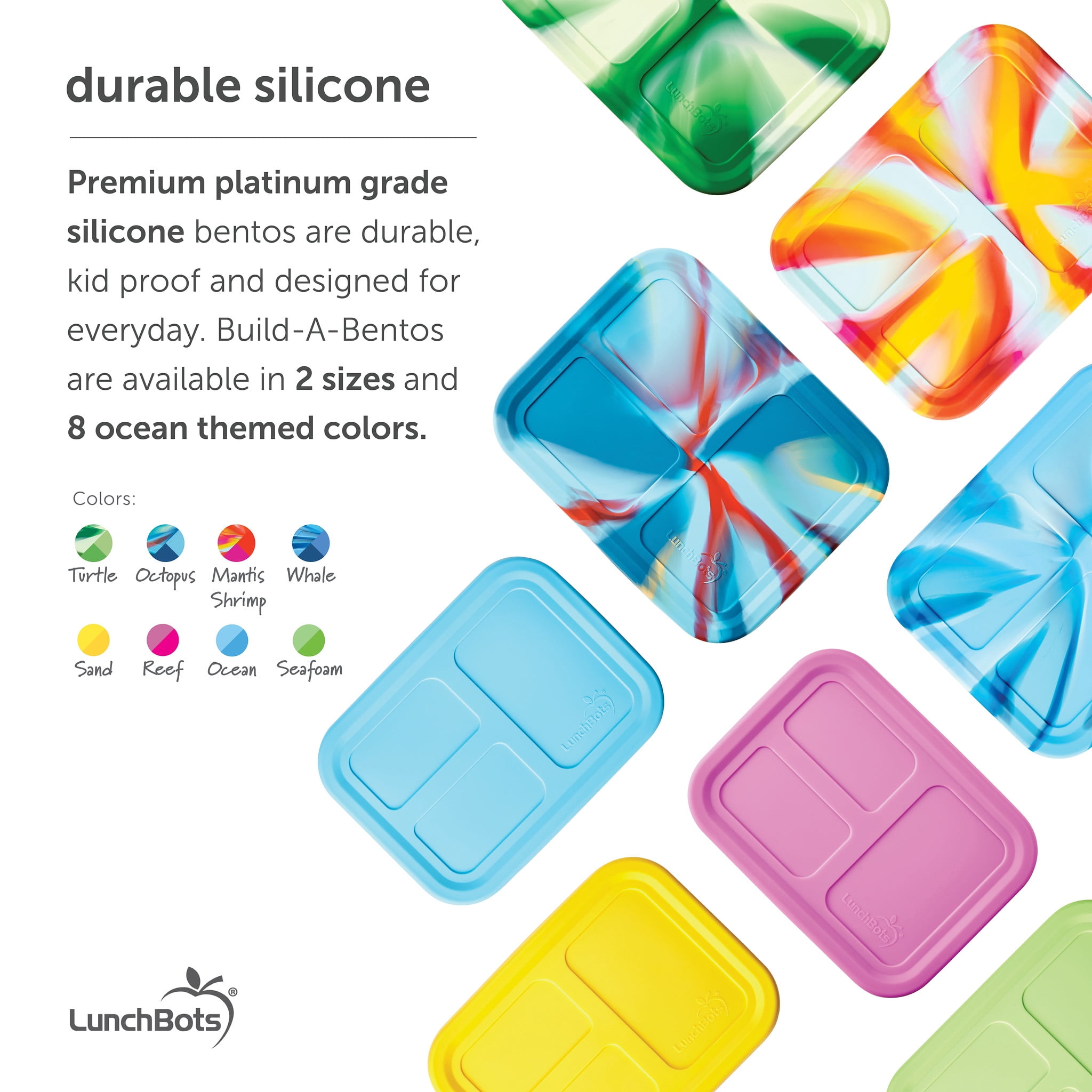 LunchBots Build -a- Bento, Platinum Food Grade Silicone Bento Box, Leak Proof, BPA Free, Oven & Dishwasher safe 32 oz Capacity - Tie Dye Light Blue