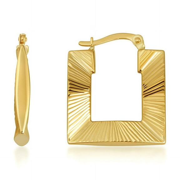 14K Yellow Gold Striped Square Hoop Diamond Cut Earrings