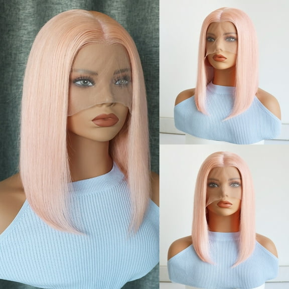 Light Pink Colored 13x4 Lace Front Wig Straight Short Bob 10-14inch For Women Brazilian Remy Straight HD Lace Frontal Wig Naturai Hairline For Women Daily&Birthday&Wedding Use Wig 180 Density 12 Inch