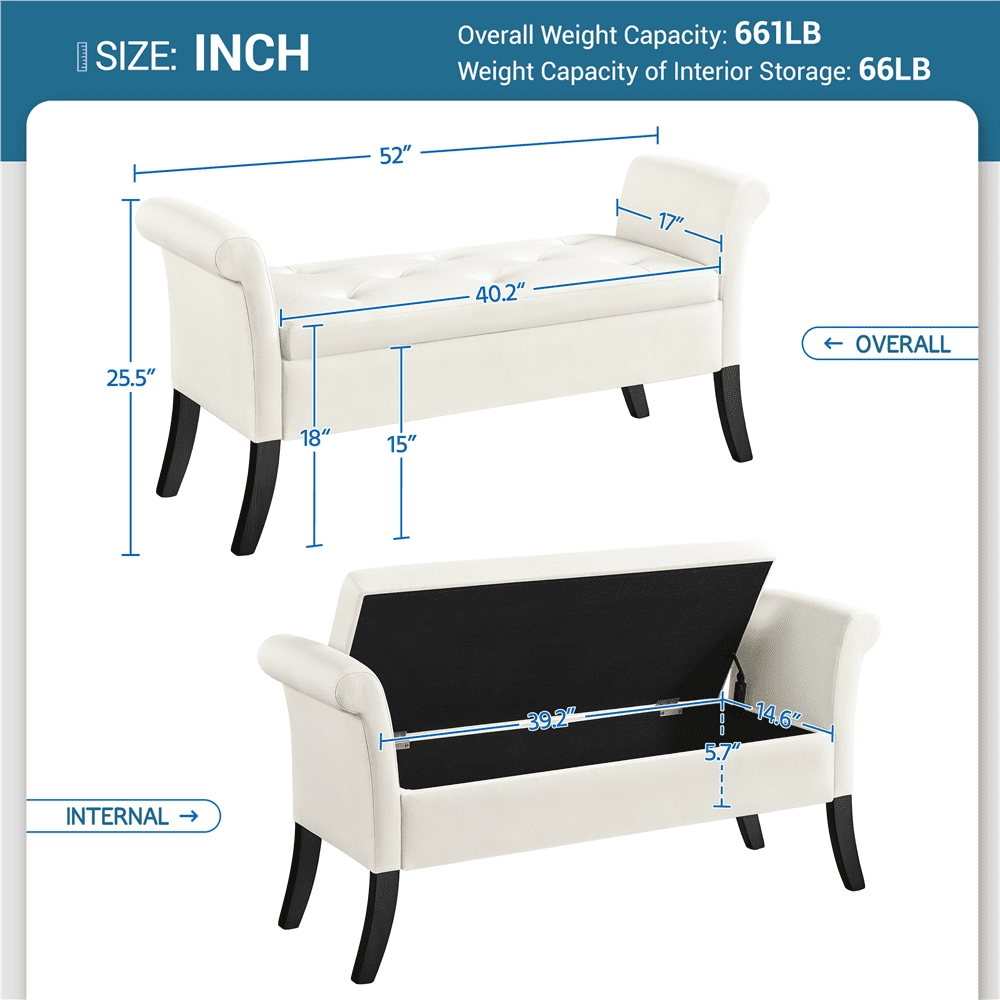 Yaheetech Modern Fabric Tufted Storage Bench Cushioned Ottoman Bench with Rolled Arms, Fresh White