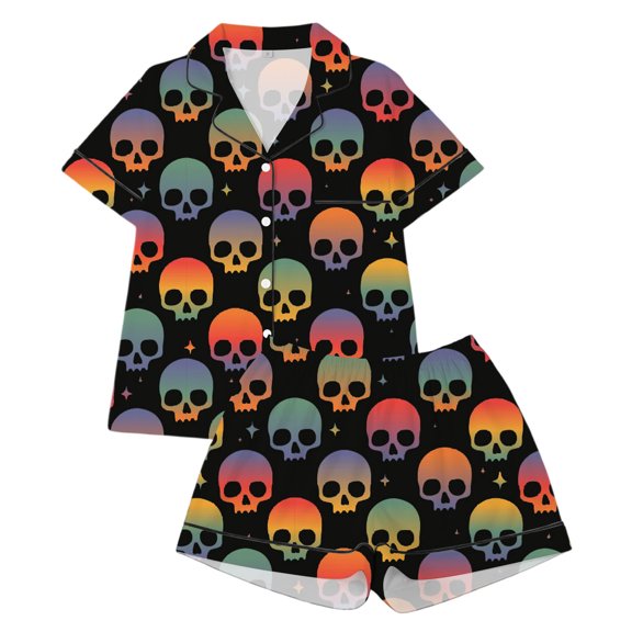 SJLDQY Girls Halloween Pajama Sets Skull Graphic Short Sleeve Shirts and Shorts 2 Piece Sets Casual Hallowmas Sleepwear Button Down Pjs Sets
