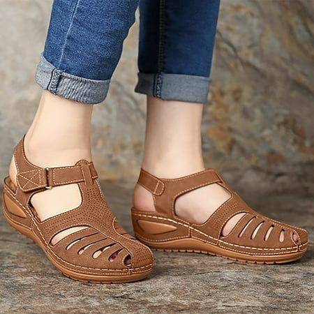 

cllios Sandals Women Dressy Summer Closed Toe Wedge Platform Sandals Vintage Casual Hollow Out Orthopedic Shoes Comfy Bohemia Gladiator Ladies Shoes