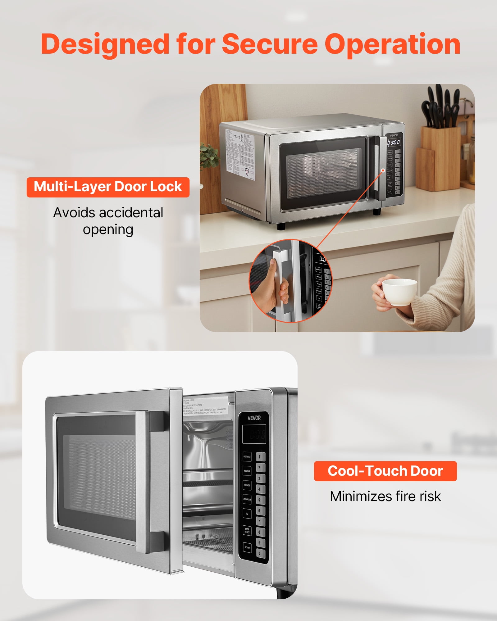 VEVOR Countertop Microwave Oven, 0.9 Cu Ft,1000W Digital Stainless Steel Microwave Oven with Touchscreen,10 Cooking Presets,5 Power Levels,Multi-Lock Door & Easy Clean Interior for Commercial Use