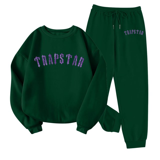 Trapstar Chandails Molletonnés à Col Rond pour Femmes Ensembles Manches Longues Graphiques Chandails Molletonnés pour Femmes Amples Trapstar Style de Rue Hip-hop Chandails Molletonnés à Enfiler+pantalon de Survêtement Ensemble pour Femmes de 2 Vêtements Classiques pour Femmes (Vert Foncé, L)