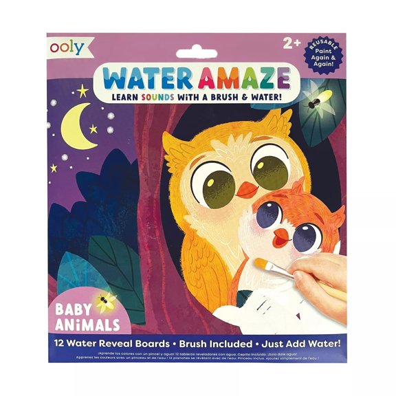 Ooly Water Amaze, 12 Reusable Water Reveal Pads with Brush - Baby Animals